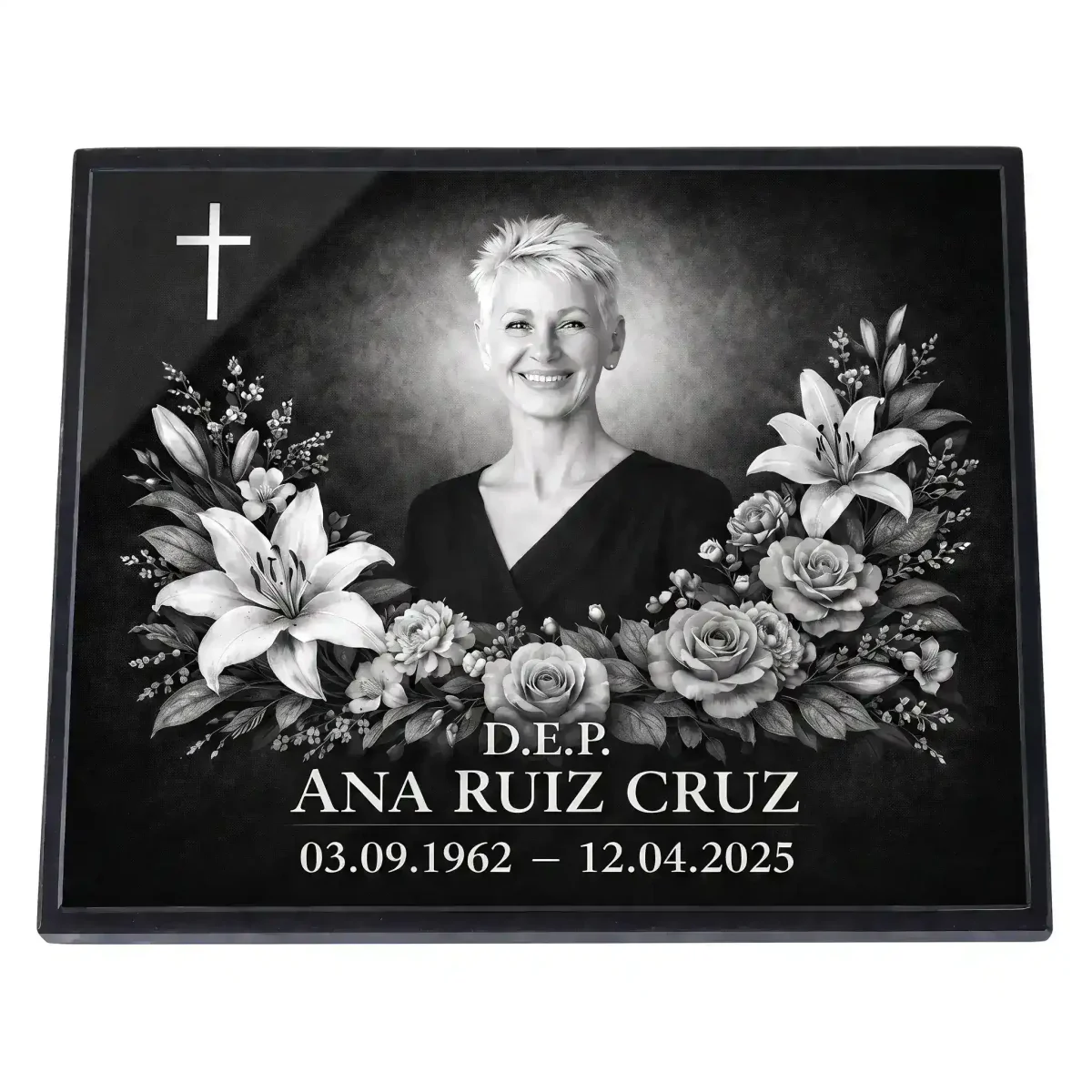 Placa de vidrio para lápida con nombre, fechas y retrato grabado