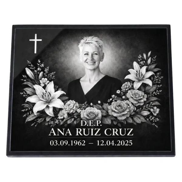 Placa de vidrio para lápida con nombre, fechas y retrato grabado