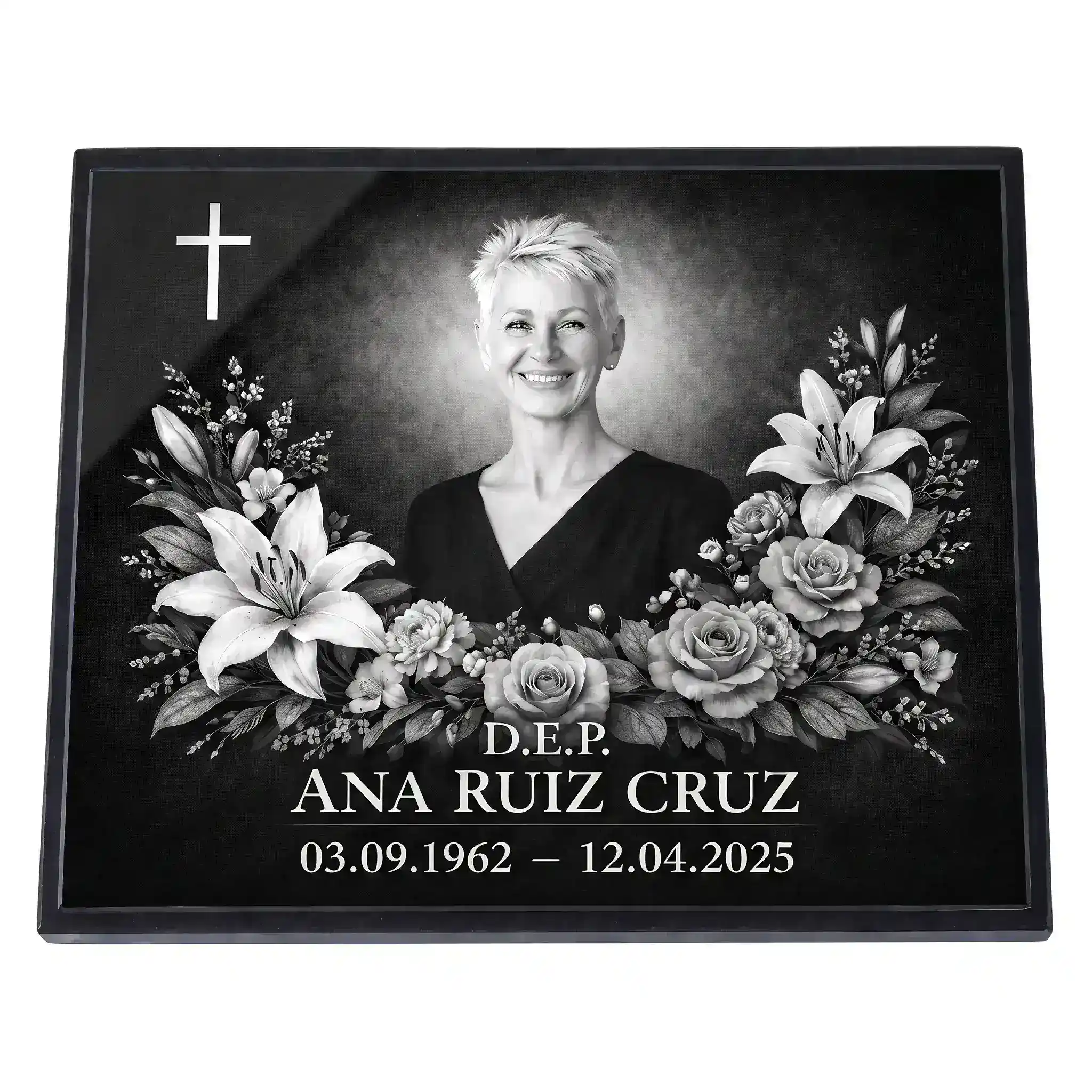Placa de vidrio para lápida con retrato y flores grabadas Placa de vidrio para lápida con nombre, fechas y retrato grabado