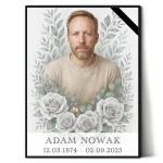 portret nagrobny ze zdjęcia zmarłego z motywem kwiatowym w ramie