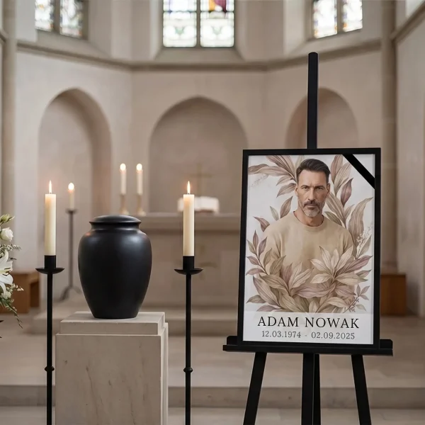 Portret porcelanowy na nagrobek z motywem florystycznym na sztaludze