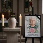 portret pamiątkowy zmarłego z kwiatami na stojaku pogrzebowym