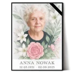 portret porcelanowy na nagrobek ze zdjęciem zmarłej kobiety z kwiatowym motywem