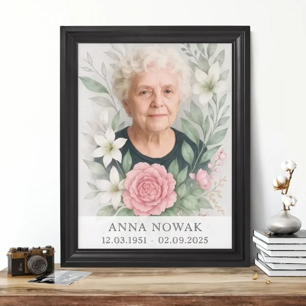 portret pamiątkowy zmarłego ze zdjęcia w oprawie z motywem kwiatowym