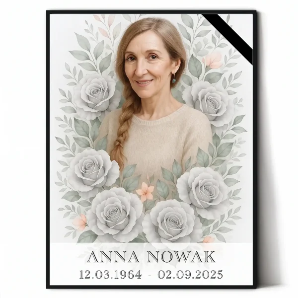 Portret pamiątkowy zmarłego na tablicy nagrobnej z różami