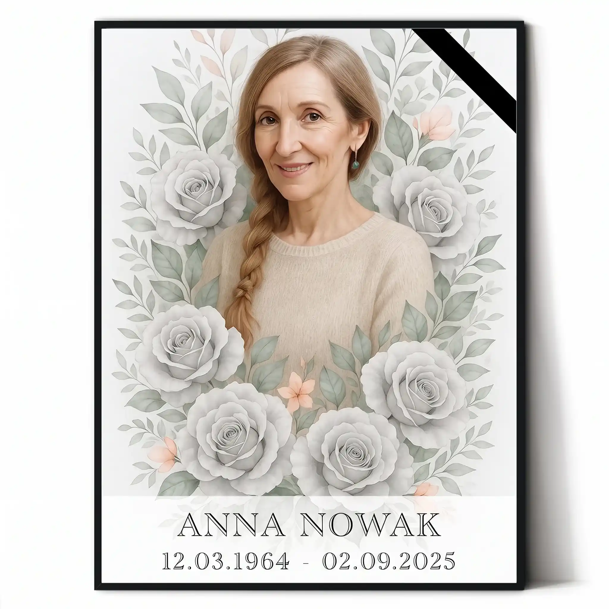 Portret pamiątkowy zmarłego z motywem kwiatowym Portret pamiątkowy zmarłego na tablicy nagrobnej z różami