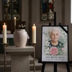 retrato de porcelana para lápida con foto de mujer y flores