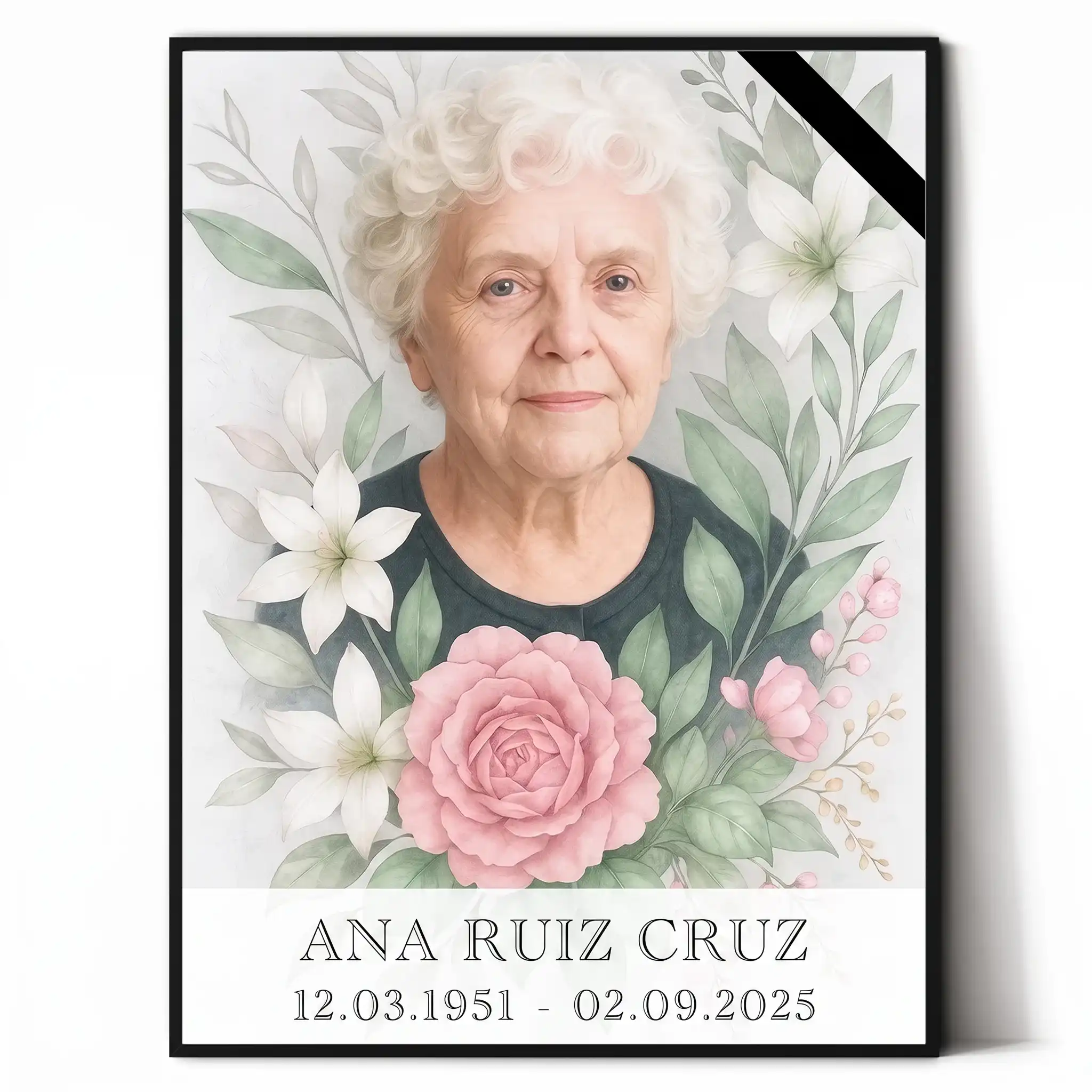 Retrato conmemorativo personalizado con foto para lápida placa personalizada para panteón con retrato floral y nombre del difunto