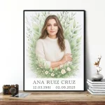 Placa personalizada para panteón con retrato de mujer y motivo floral
