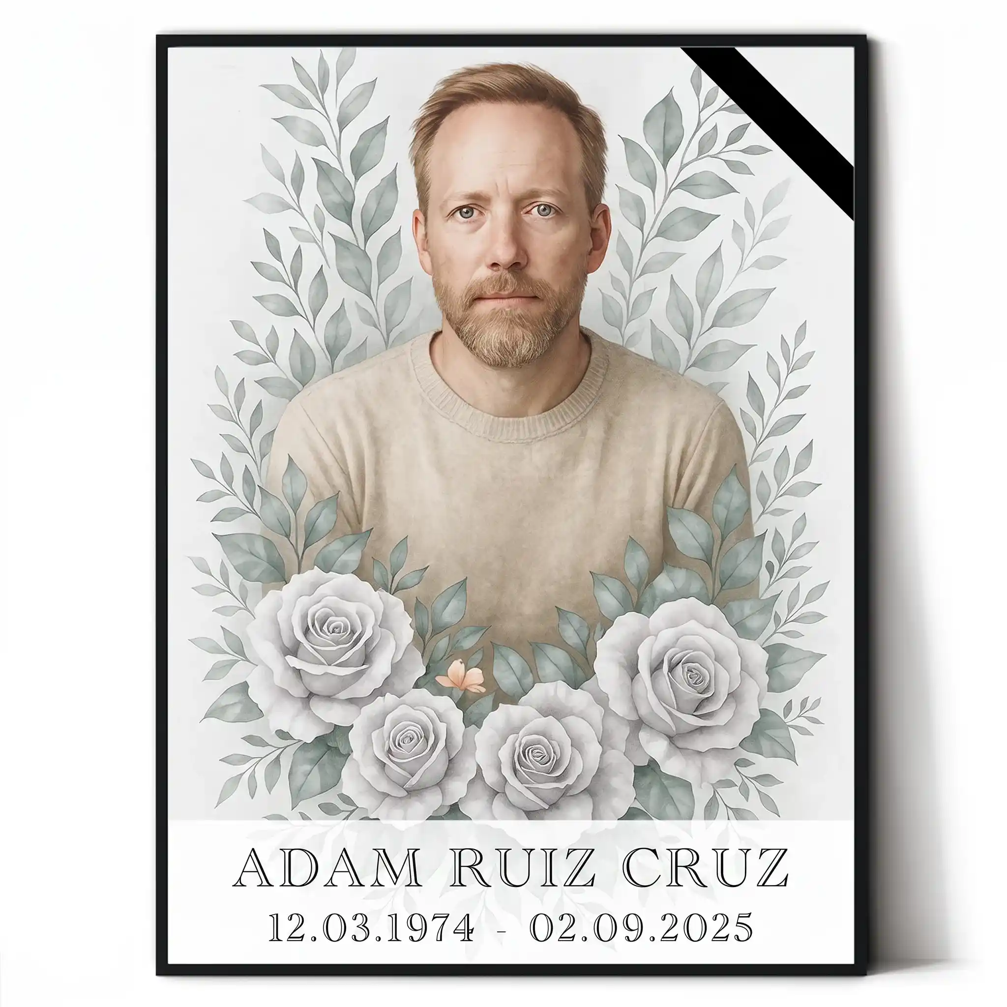 Retrato conmemorativo del difunto con marco floral retrato de porcelana para lápida con motivo floral y rosas