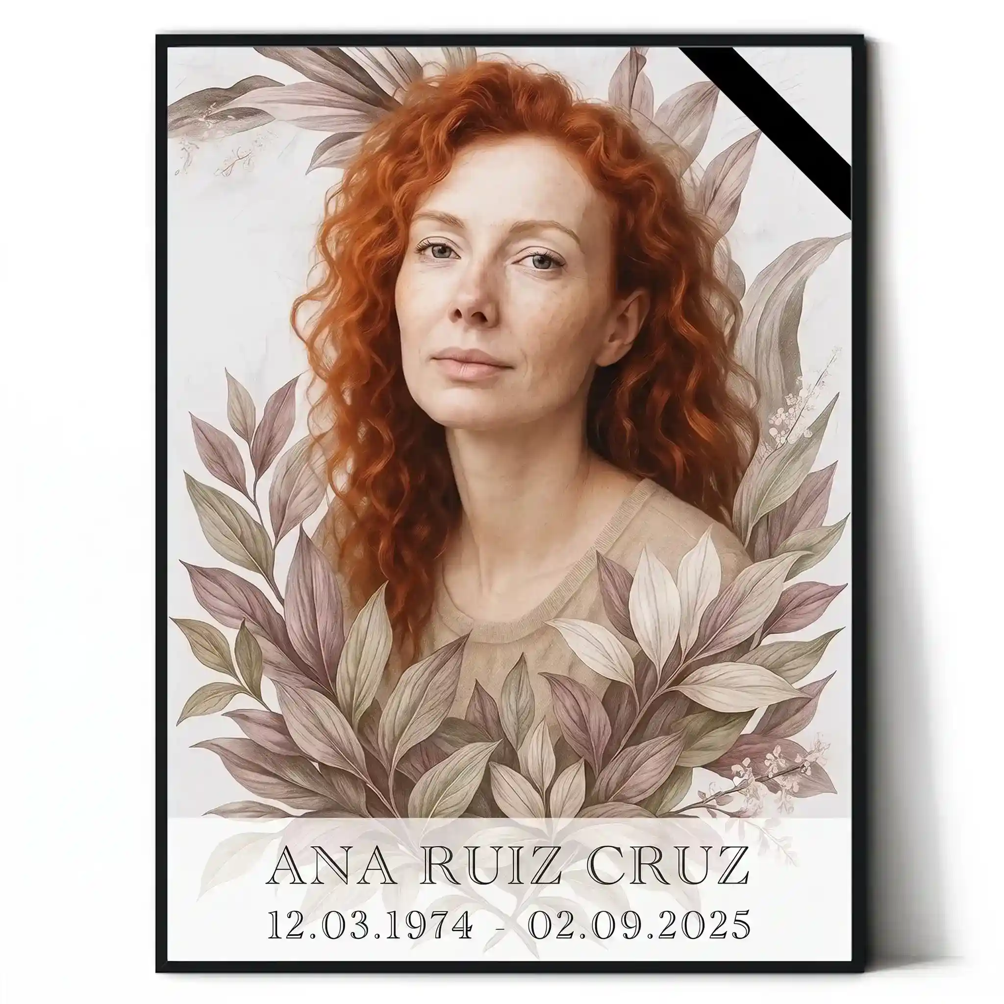 Retrato funerario a partir de foto con motivo floral retrato conmemorativo del difunto con panel decorativo de hojas