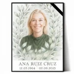 Retrato de porcelana para lápida con foto del difunto, marco floral y datos personalizados