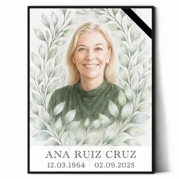 Retrato de porcelana para lápida con foto del difunto, marco floral y datos personalizados