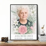 Placa personalizada para panteón con retrato floral y nombre del difunto