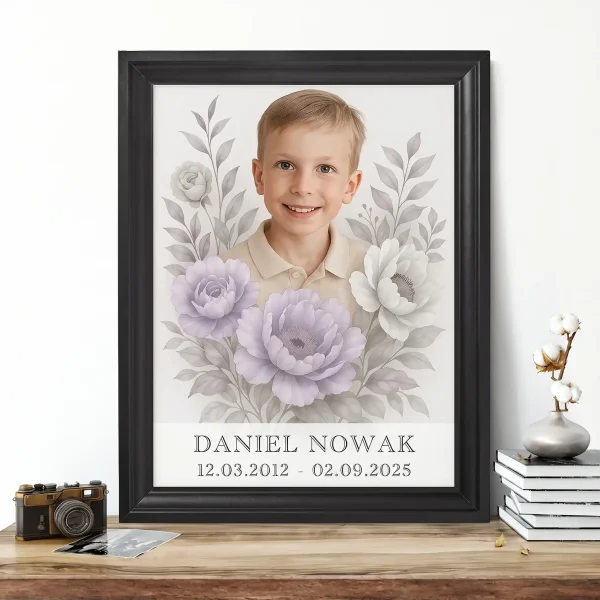 Personalizowany portret na pomnik z kwiatami w ramie