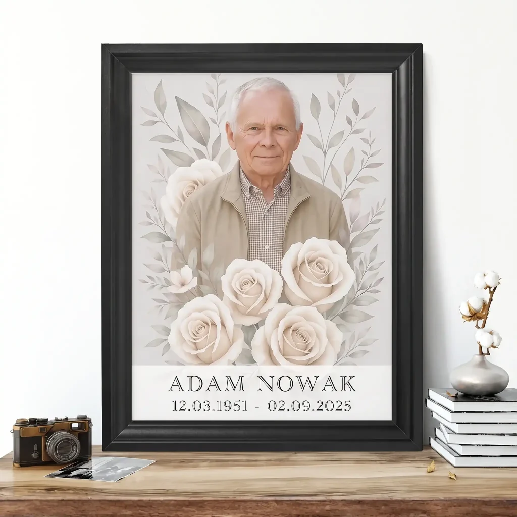 personalizowany portret na pomnik wykonany na podstawie zdjęcia zmarłego z motywem kwiatowym