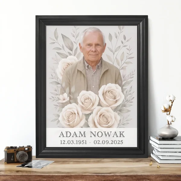 personalizowany portret na pomnik wykonany na podstawie zdjęcia zmarłego z motywem kwiatowym