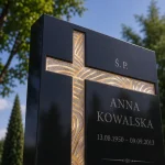 Krzyż asymetryczny ze szkła fusingowego na pomniku z czarnego granitu