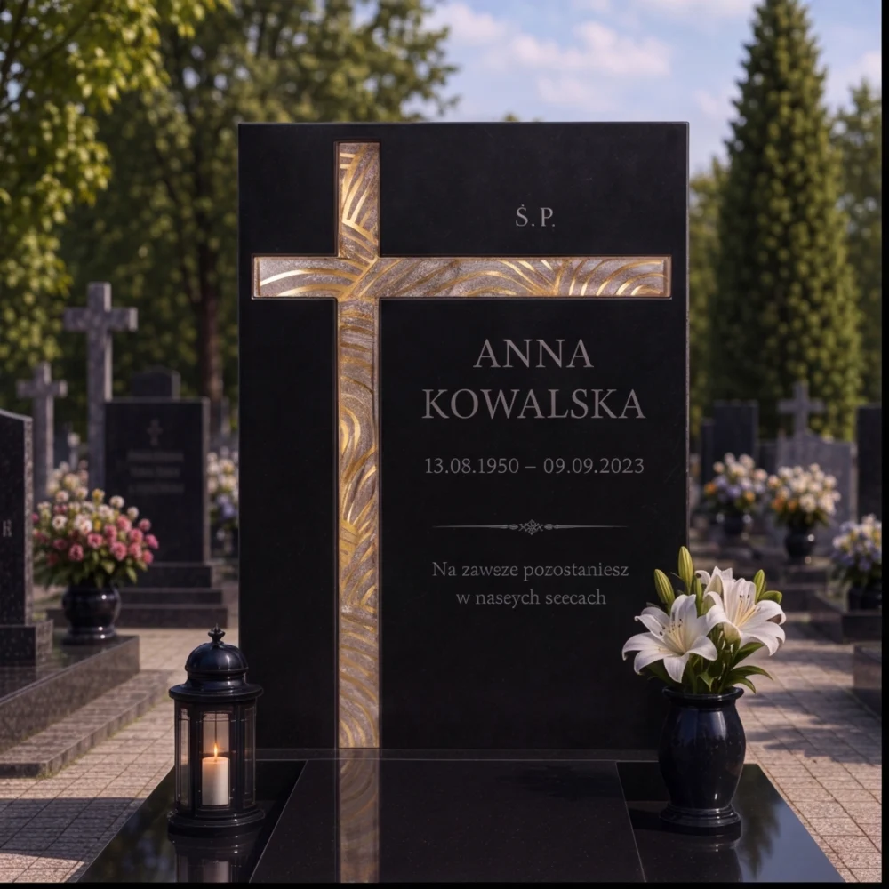 asymetryczny krzyż ze szkła fusingowego na granitowym pomniku