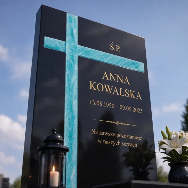 Czarny granitowy pomnik z wtopionym turkusowym asymetrycznym krzyżem, lampionem i białymi liliami