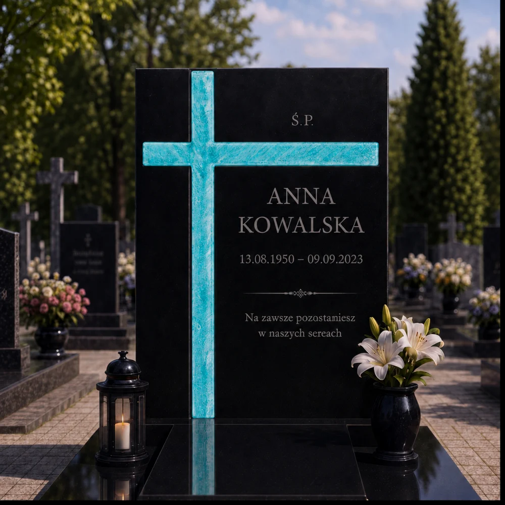 Krzyż asymetryczny ze szkła fusingowego na czarnym granitowym pomniku