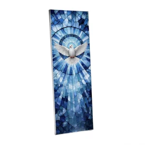 Narrow stained-glass panel with a white dove on a blue mosaic