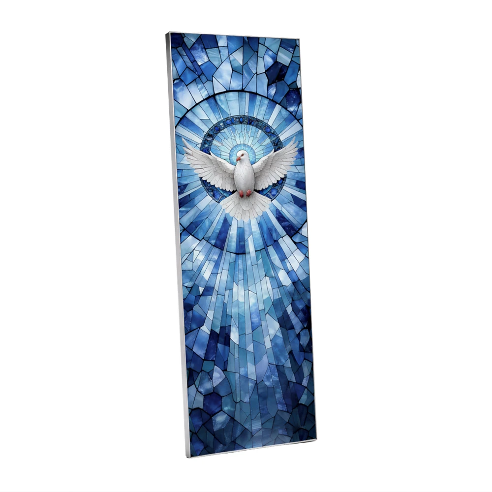 Narrow stained-glass panel with a white dove on a blue mosaic