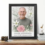 Custom memorial portrait of deceased made from photo with floral decoration