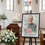 colour photo for memorial displayed on easel at funeral service