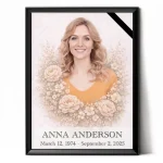 personalised memorial portrait made from photo with floral wreath and mourning ribbon