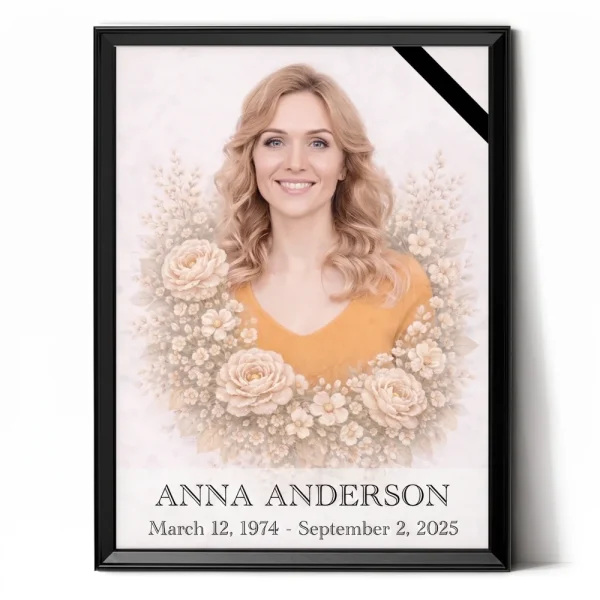 personalised memorial portrait made from photo with floral wreath and mourning ribbon