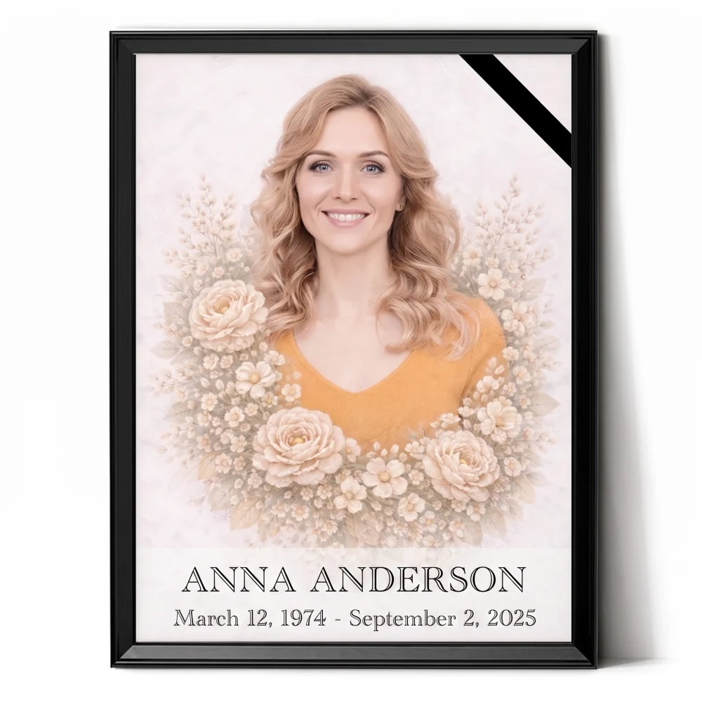 Personalised Memorial Portrait Made from Photo with Floral Motif personalised memorial portrait made from photo with floral wreath and mourning ribbon