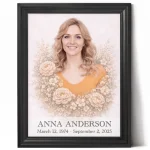 personalised memorial portrait made from photo with floral border in black frame