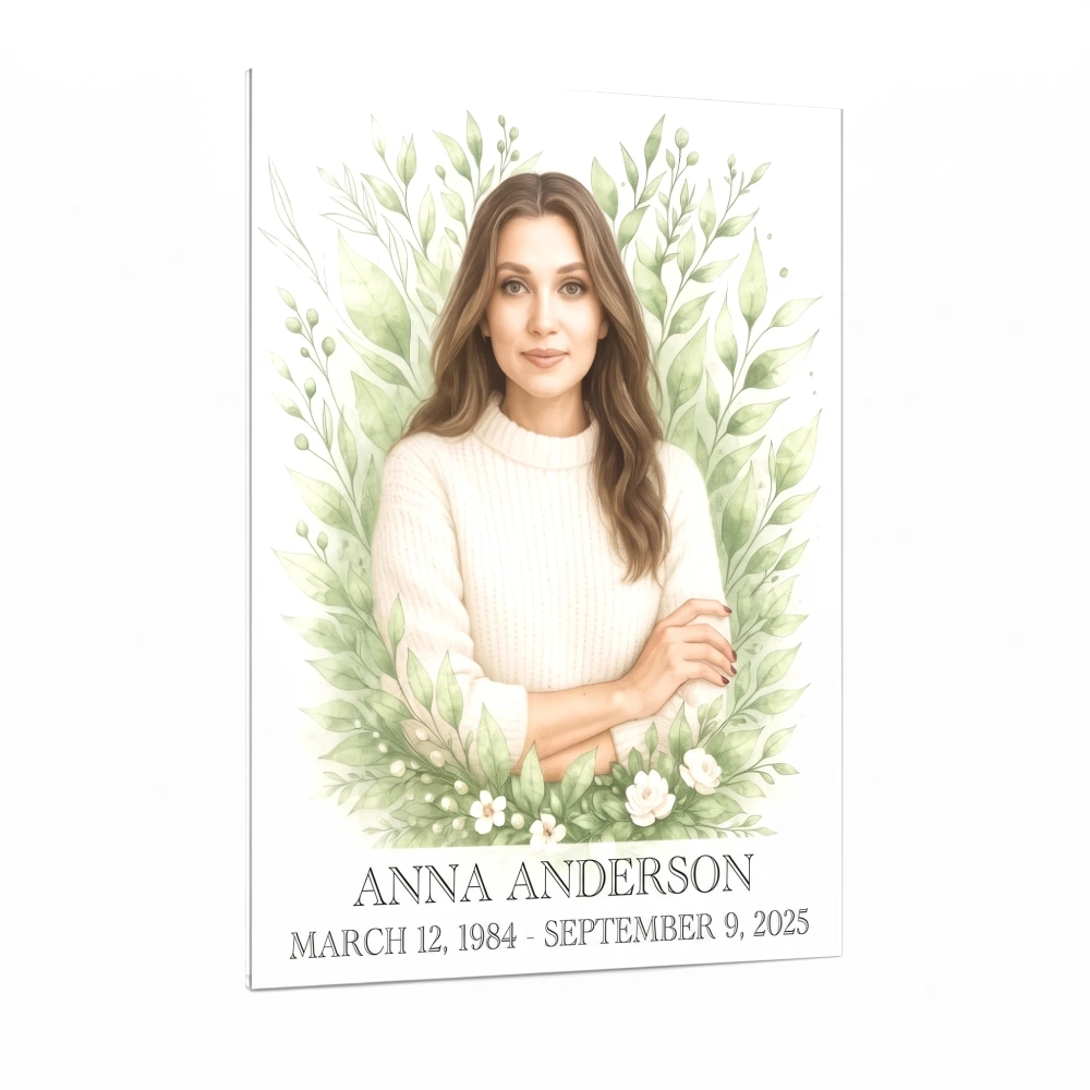 Glass panel for headstone with photo and floral memorial design