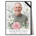Retrato conmemorativo del difunto para lápida con flores decorativas