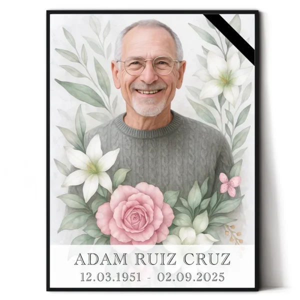 Retrato conmemorativo del difunto para lápida con flores decorativas