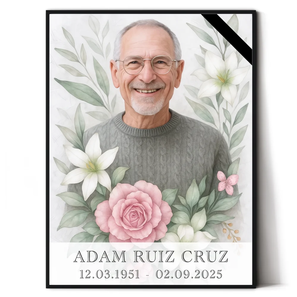 Retrato funerario a partir de foto con motivos florales Retrato conmemorativo del difunto para lápida con flores decorativas