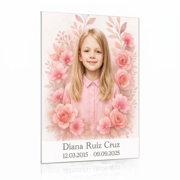 placa de vidrio templado con foto en color para lápida decorada con flores rosas