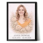 portret pamiątkowy zmarłego ze zdjęcia z motywem kwiatowym w ramie