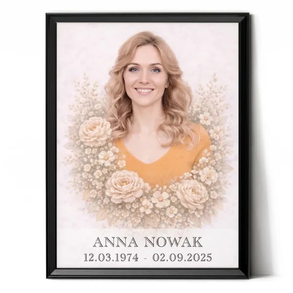 portret pamiątkowy zmarłego ze zdjęcia z motywem kwiatowym w ramie