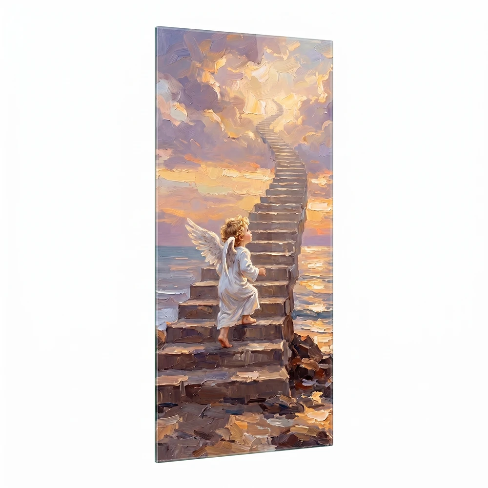 Adorno de vidrio – panel para la tumba de un niño Adorno de vidrio para la tumba de un niño en forma de panel con un angelito, fabricado en vidrio templado con impresión cerámica duradera