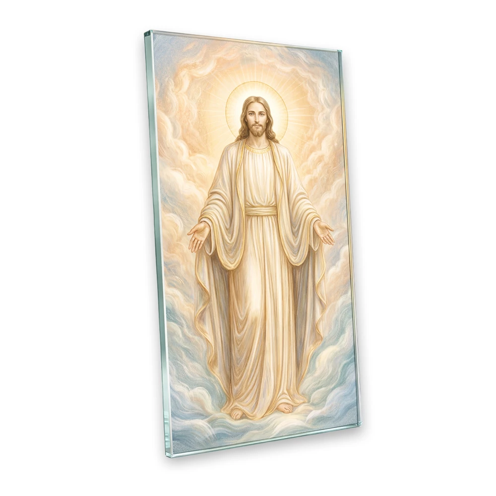 Adorno de vidrio para monumento con imagen de Jesús fabricado en vidrio templado