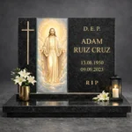 Adorno de vidrio para monumento con la imagen de Jesús en una lápida moderna