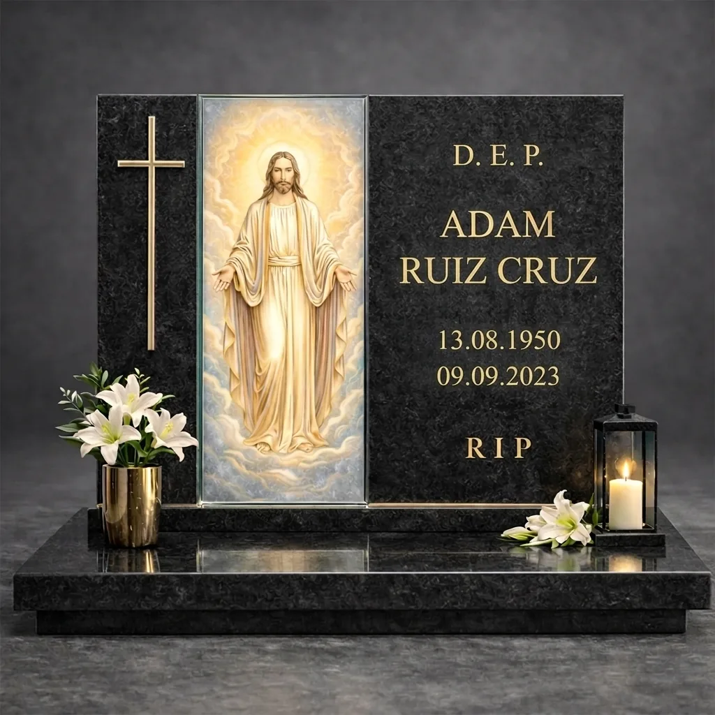 Adorno de vidrio para monumento con la imagen de Jesús en una lápida moderna