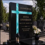Asymmetric fused-glass cross mounted on a granite headstone