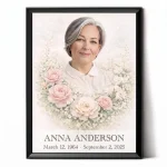 custom made memorial plaque from photo with floral rose design and framed portrait