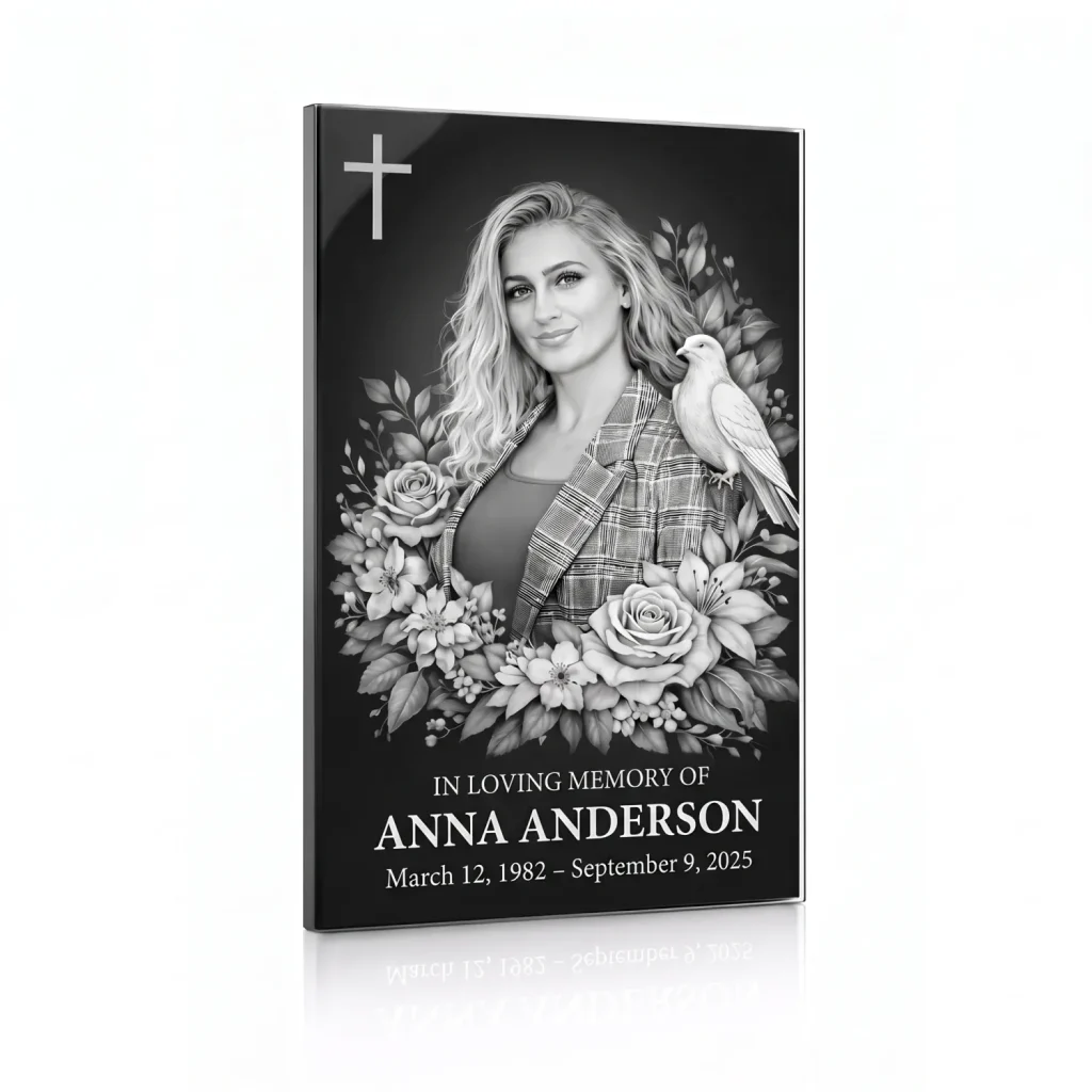 black and white glass memorial plaque with photo of deceased and floral motif