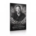 tempered glass memorial plaque with black and white photo of deceased and floral wreath
