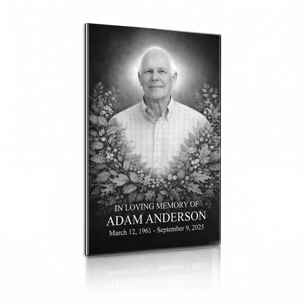 tempered glass memorial plaque with black and white photo of deceased and floral wreath