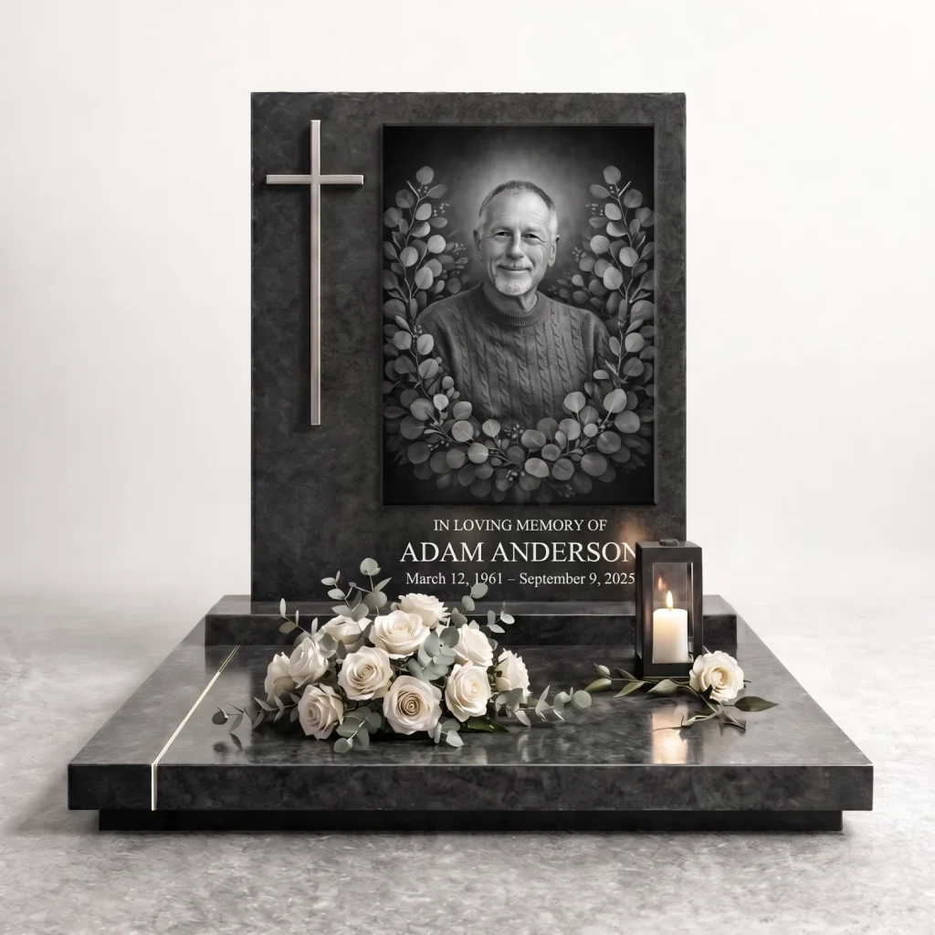 black and white photo for grave set into granite headstone with floral motif